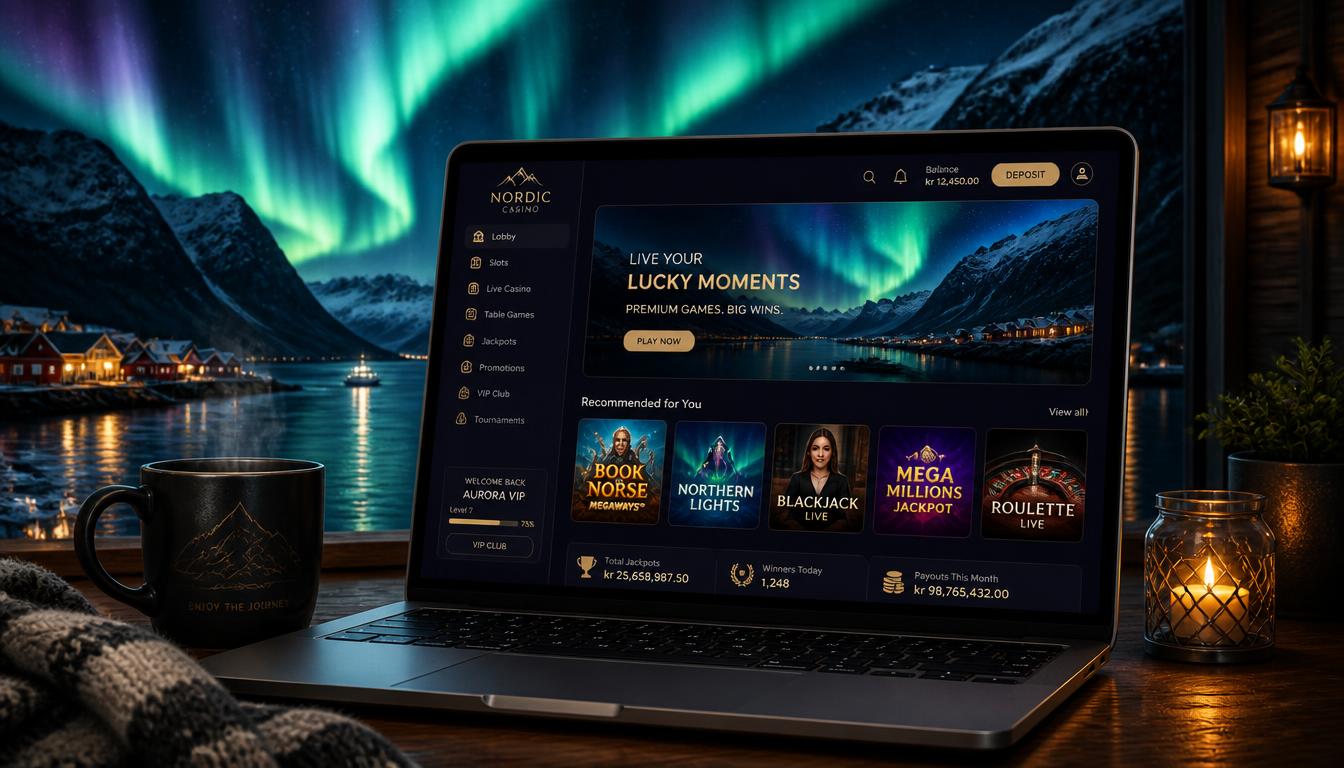 Bærbar PC med nordisk kasinolobby, nordlys over fjorden i bakgrunnen