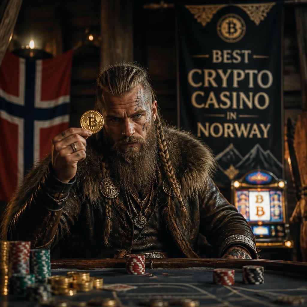 Viking holder en bitcoin-mynt foran det norske flagget ved et spillebord
