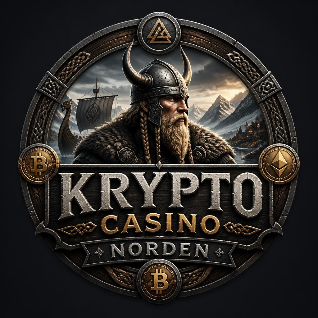 Rundt KryptoCasinoNorden-emblem med viking, langskip og bitcoin