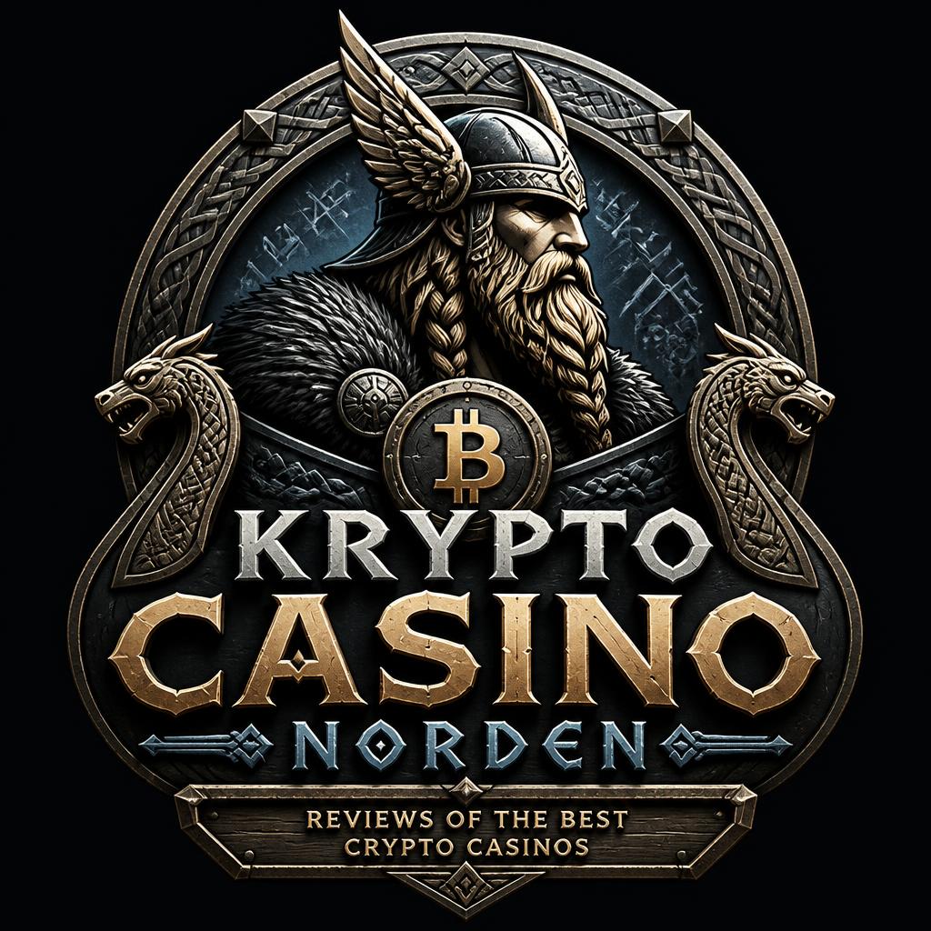 Rundt KryptoCasinoNorden-emblem med viking, langskip og bitcoin