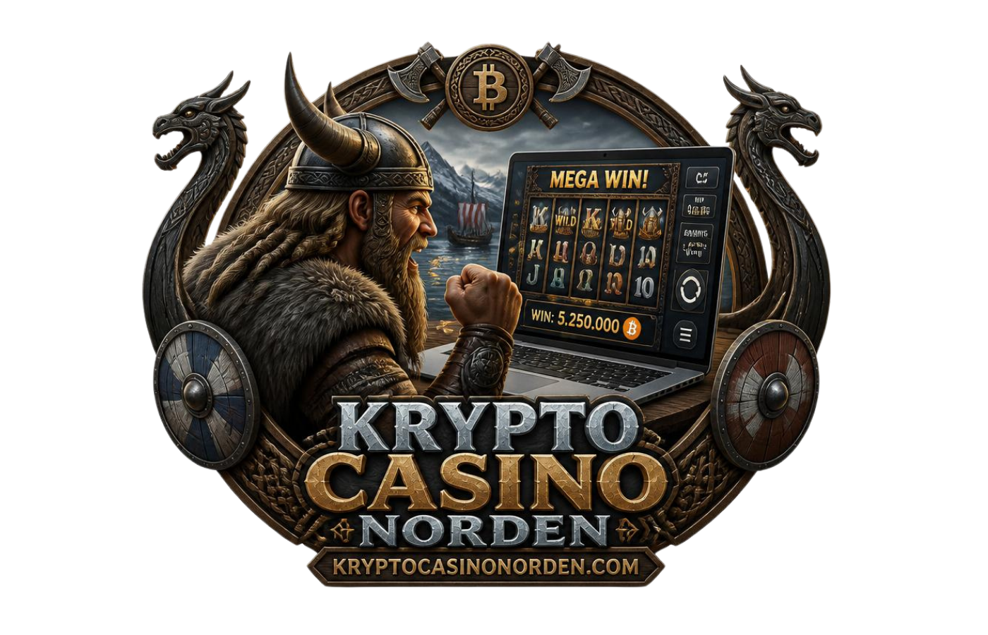 KryptoCasinoNorden-emblem: viking foran en spilleautomat med storgevinst
